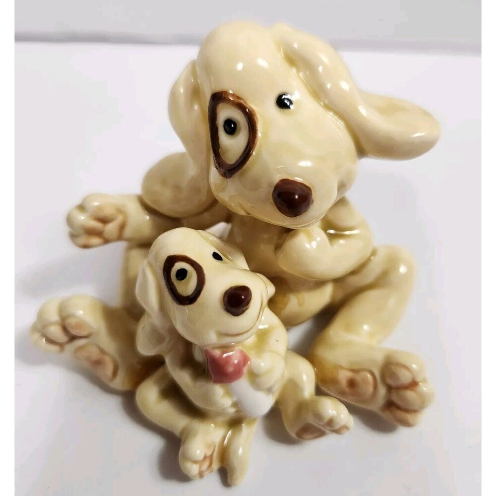 Hand Crafted Ceramic Glazed Dog And Puppy With Bottle Figurine #A700